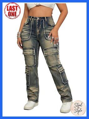 Plus Size Cargo Jeans, Vintage Washed Straight Leg Denim Pants Multi-Pockets